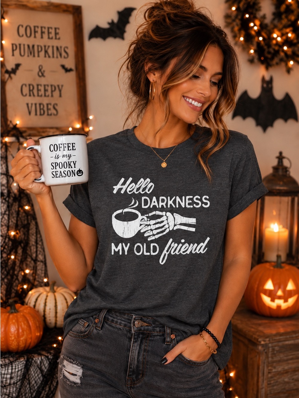 NWOT Crazy Dog T-Shirts Halloween "Hello Darkness My Old Friend" Graphic Tee - Picture 1 of 5
